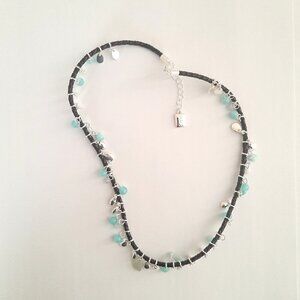 Chaps Faux Leather Cord Bohemian Necklace with Silver Charms and Blue Beads